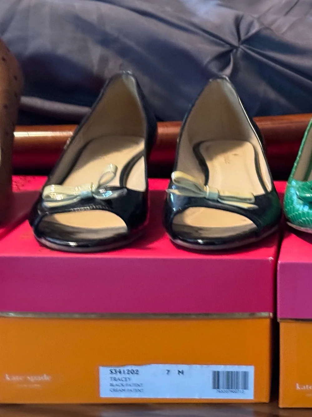 kate spade Black Patent Leather Wedge Pumps with Cream Bow